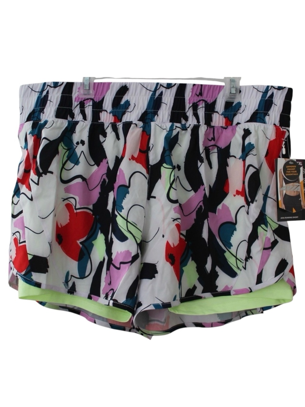 Avia Running Shorts white with a vibrant, colorful abstract scribble print, XXL